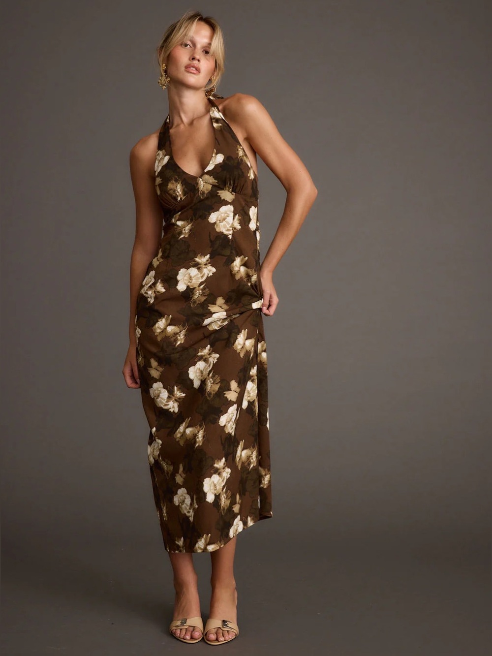 12th Tribe | Audrina Brown Floral Halter Maxi Dress
